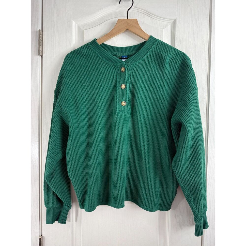 Old Navy Women’s Cozy Waffle Henley Top Botanica Green Size M